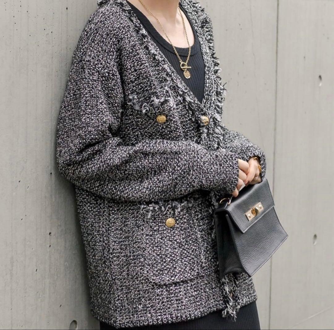 美品✨リヴドロワ ツイードニットカーディガン 黒　ブラック フリンジ