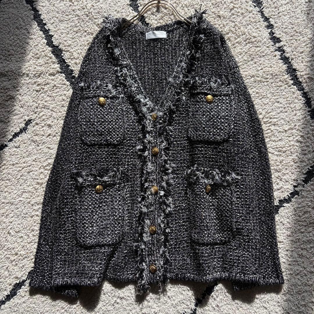 美品✨リヴドロワ ツイードニットカーディガン 黒　ブラック フリンジ