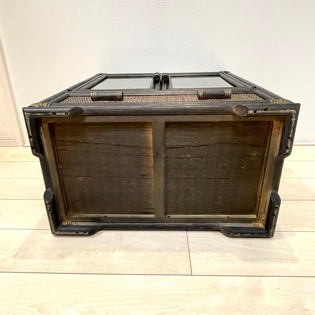 ラタン 籐 ガラス扉 キャビネット 収納棚 ヴィンテージ 引き出し付 アジアン