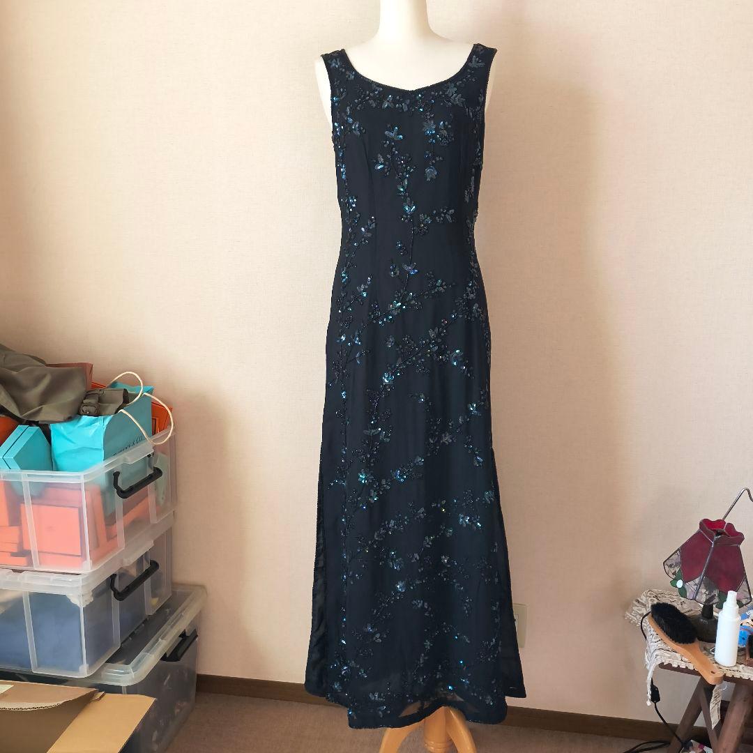 アドリアナパペル 黒のビーズ刺繍 ロングドレス us6 シルク パーティ