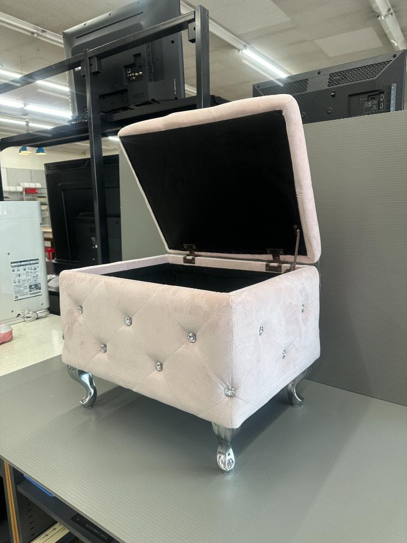 ベルベット＆クリスタルボタン付き オットマン スツール 収納付き ピンク