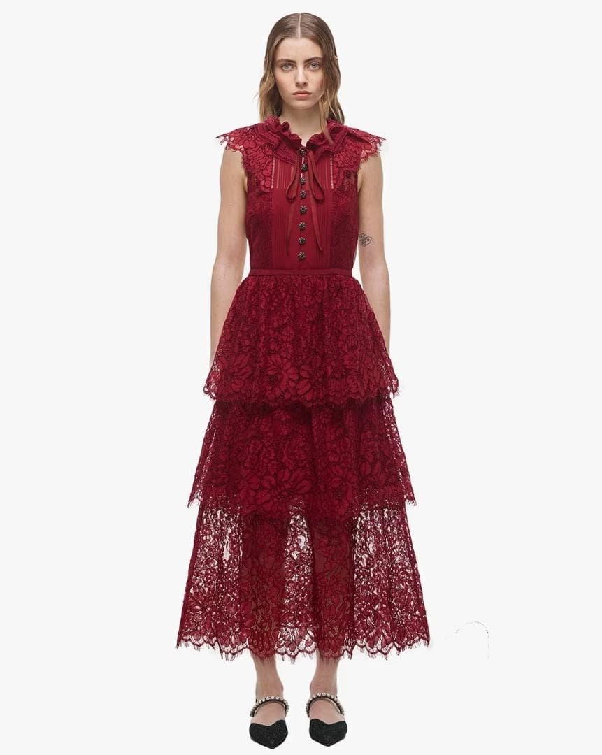 E*様 セルフポートレイト ティアードワンピース コードレース ボルドー UK8