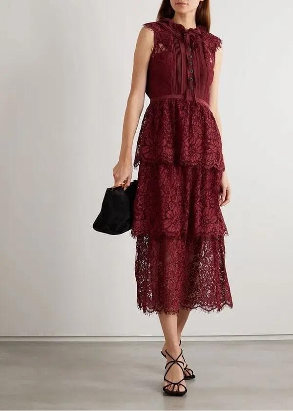 E*様 セルフポートレイト ティアードワンピース コードレース ボルドー UK8