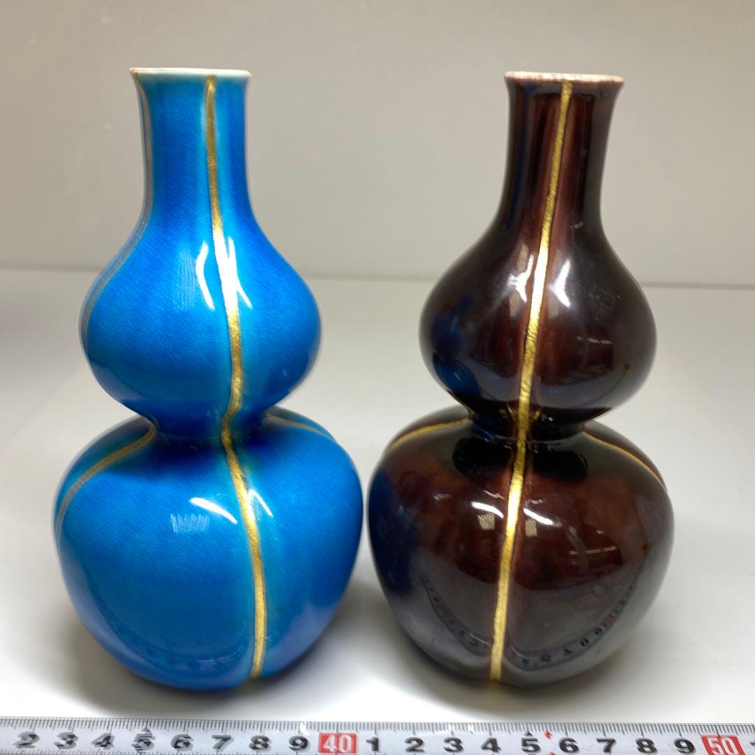 永楽善五郎　交趾瓢酒瓶一対　共箱　高さ16.5cm 東Y7-0210③タエチ