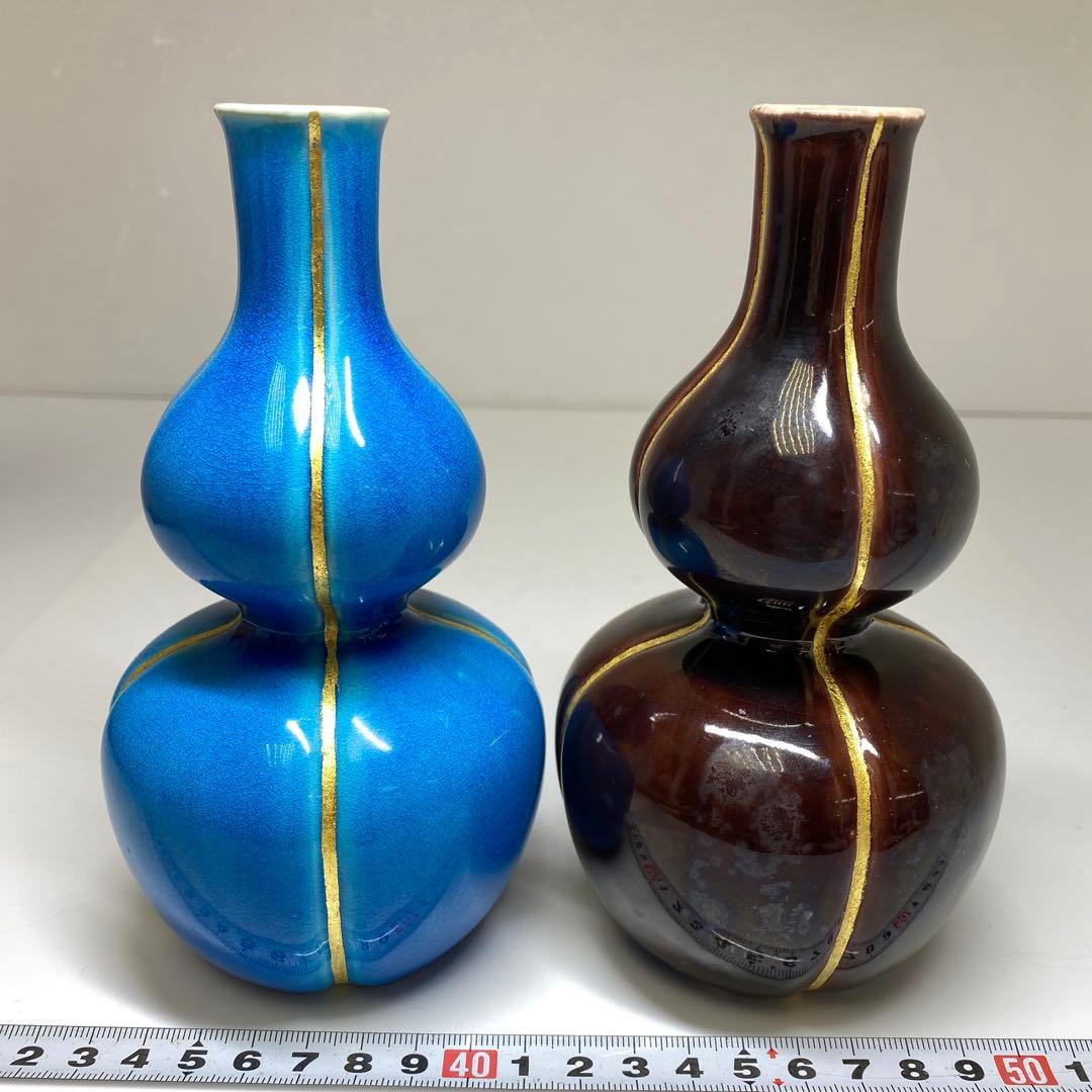 永楽善五郎　交趾瓢酒瓶一対　共箱　高さ16.5cm 東Y7-0210③タエチ