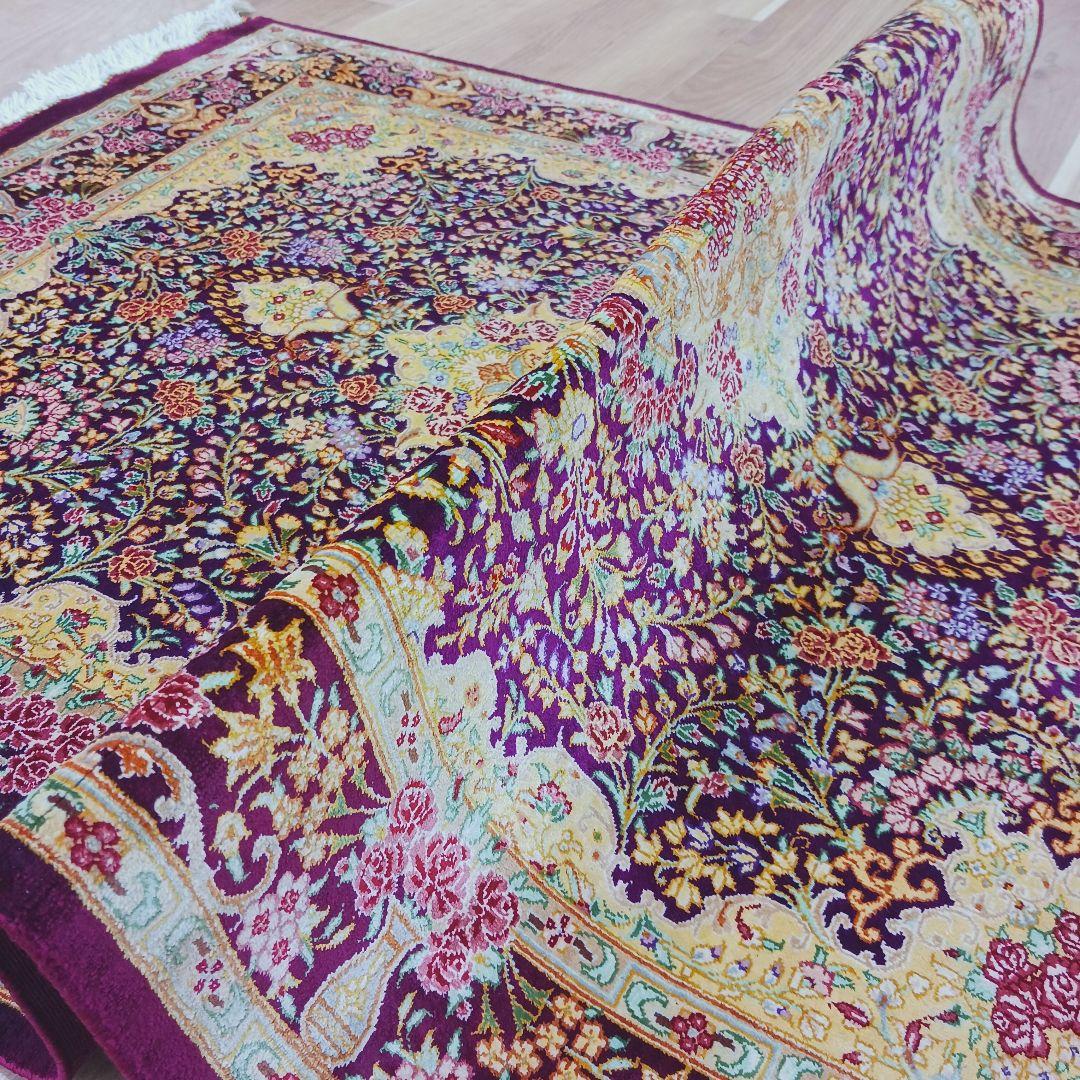 Y3257 高級ペルシャ絨毯 クム産 シラジ工房 シルク 手織り 工房サイン