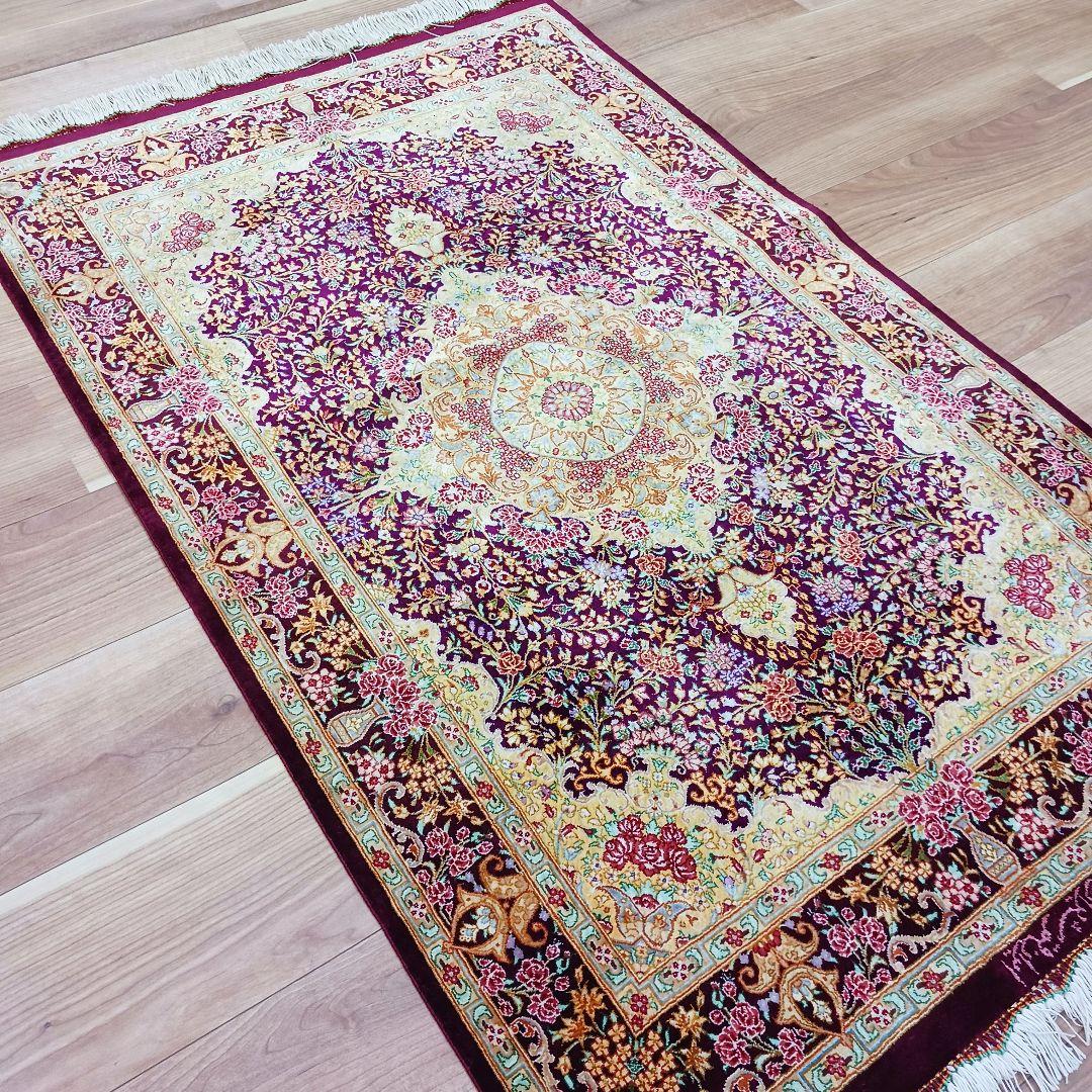 Y3257 高級ペルシャ絨毯 クム産 シラジ工房 シルク 手織り 工房サイン