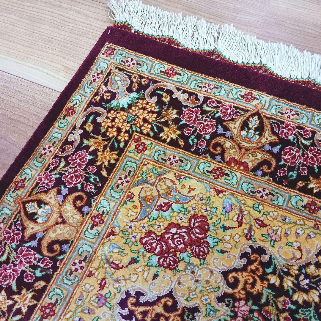 Y3257 高級ペルシャ絨毯 クム産 シラジ工房 シルク 手織り 工房サイン