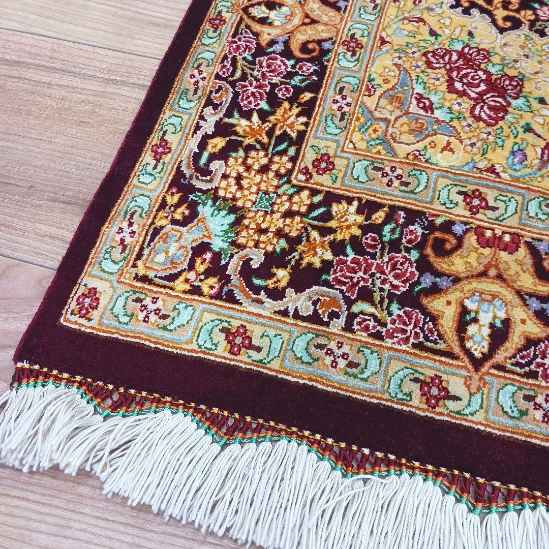 Y3257 高級ペルシャ絨毯 クム産 シラジ工房 シルク 手織り 工房サイン