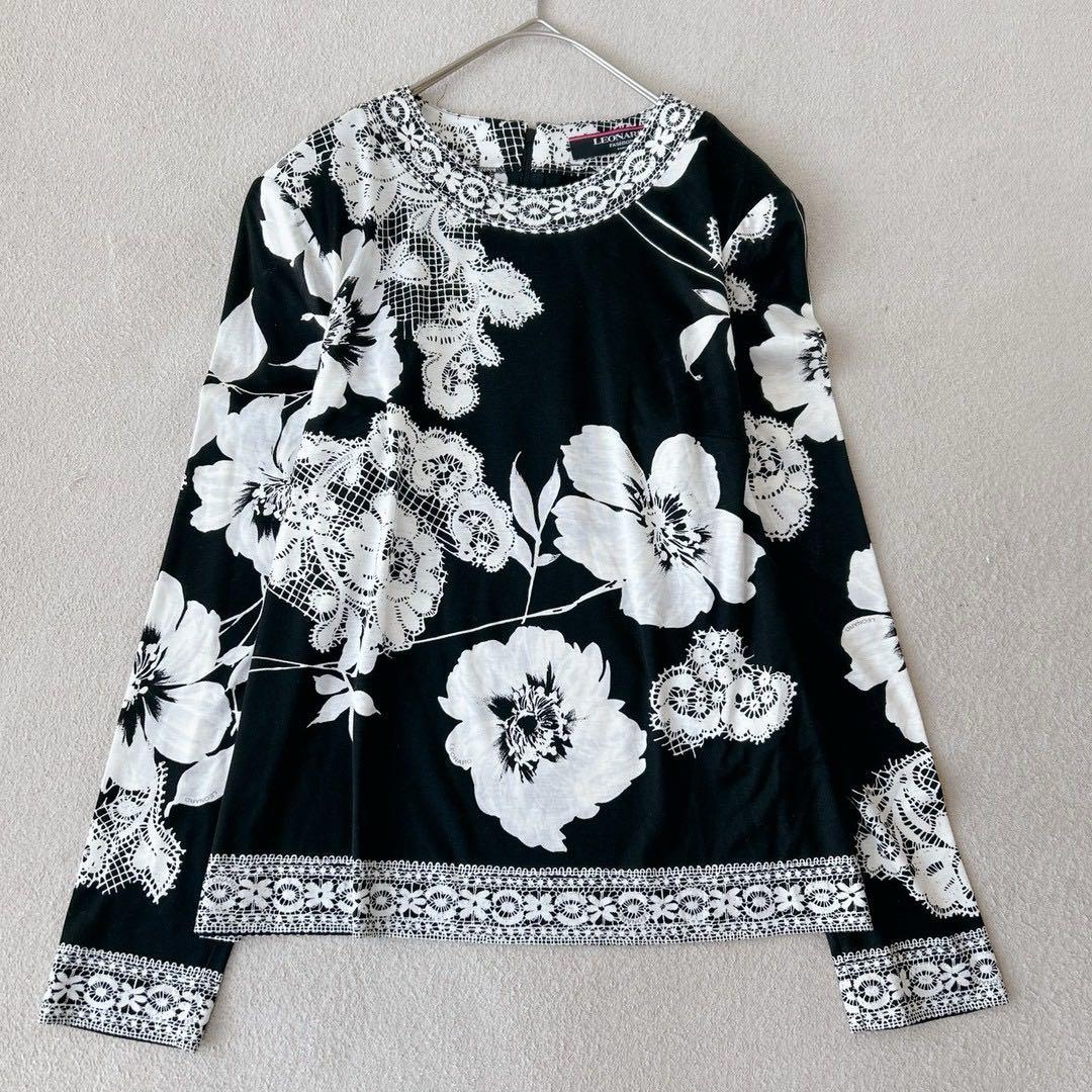 美品✨ LEONALD レオナール　ブラウス　長袖　花柄　トリム　黒×白　M