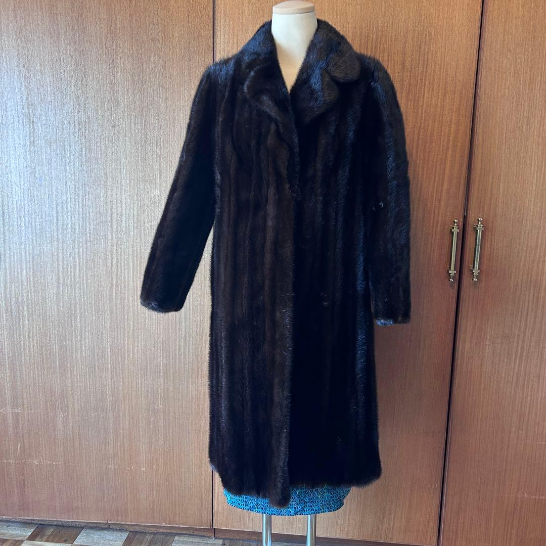 ミンク 毛皮 コート 濃茶 サイズ11 着丈105cm 美品 タグほつれあり