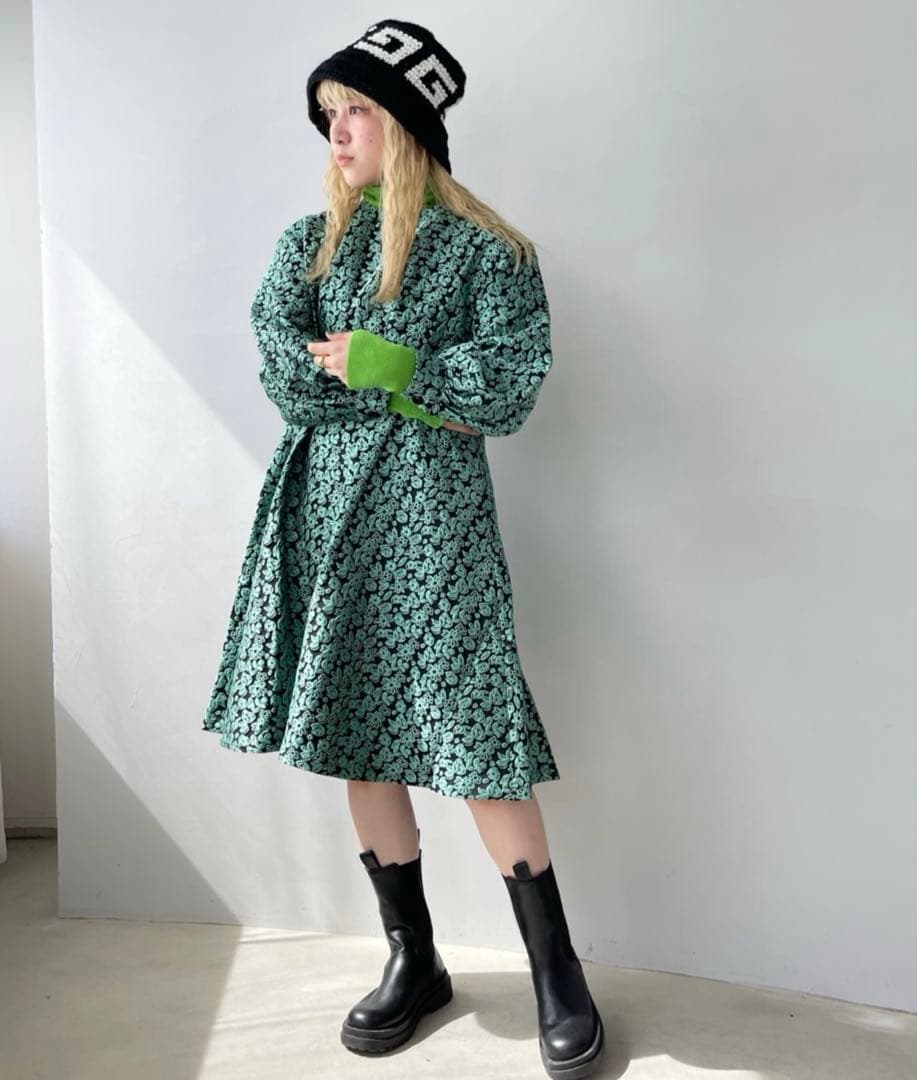 SANSeLF ジャガードフラワードレス　ロング丈　グリーン　花柄　ワンピース