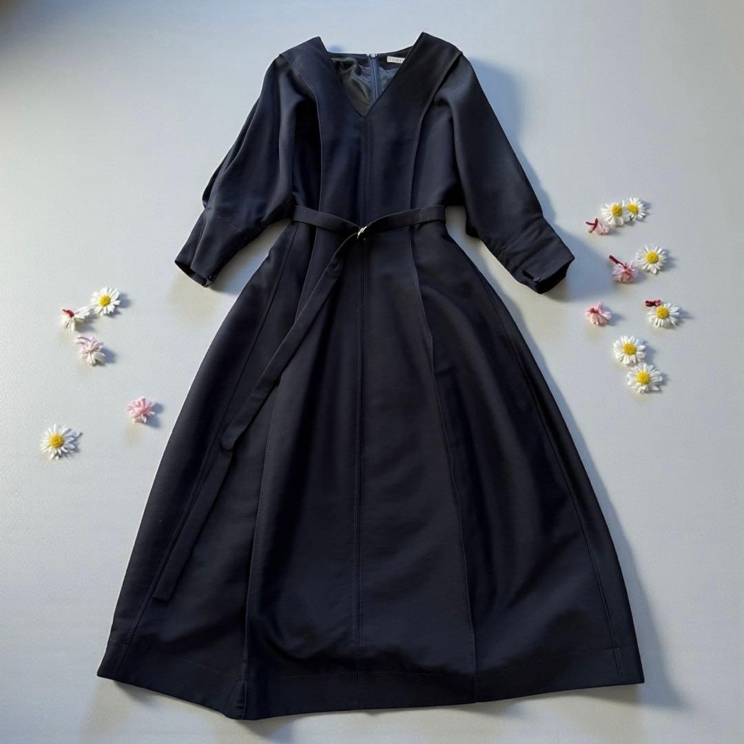 ESTNATION/エストネーション ダブルクロスVネックワンピース　紺　長袖