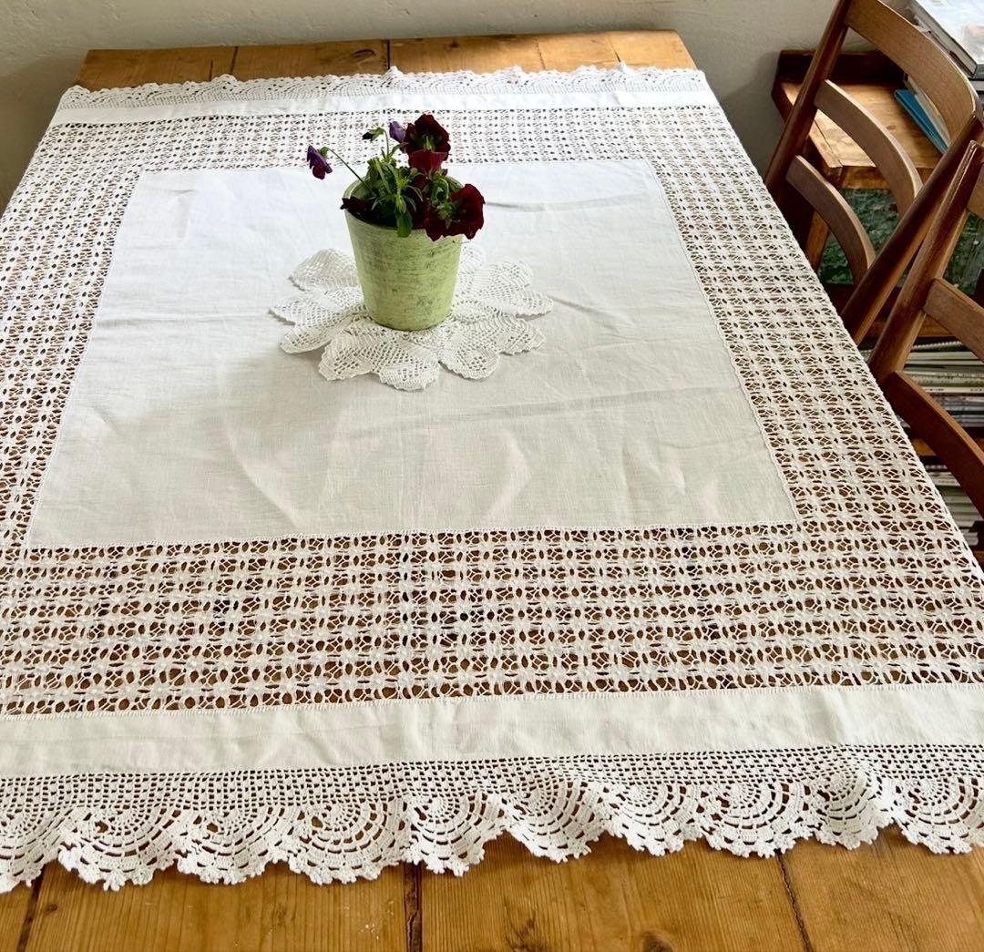 ヴィンテージ　刺繍レース　テーブルクロス　イギリス製