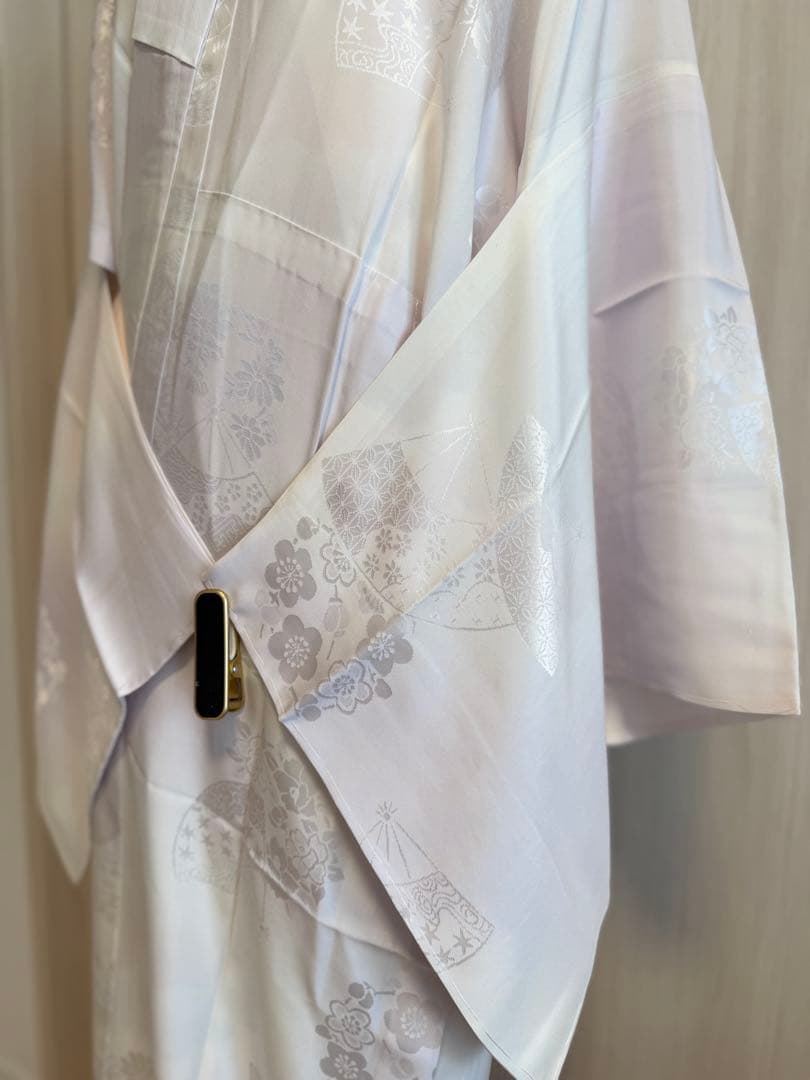 J51 新品正絹単衣長襦袢　無双袖　薄紫　半衿＆衣紋抜き付き　扇に花丸紋模様