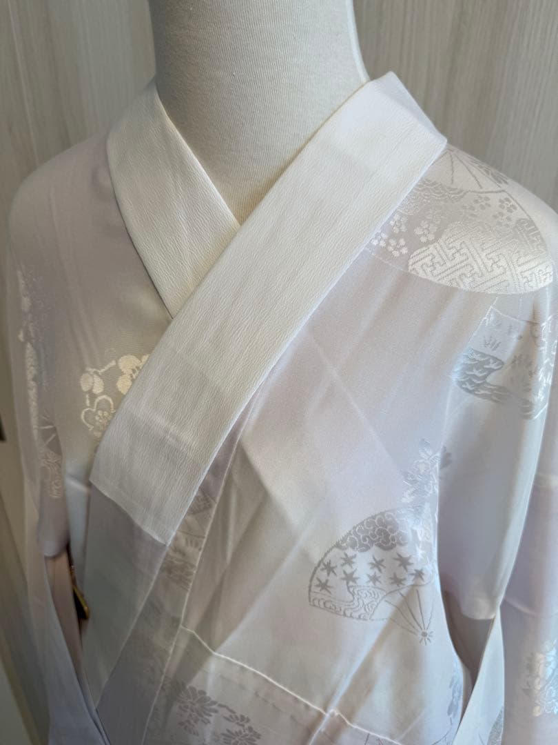 J51 新品正絹単衣長襦袢　無双袖　薄紫　半衿＆衣紋抜き付き　扇に花丸紋模様