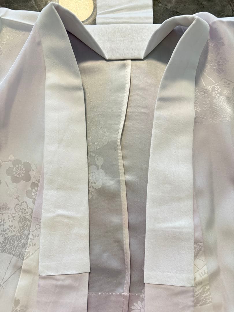 J51 新品正絹単衣長襦袢　無双袖　薄紫　半衿＆衣紋抜き付き　扇に花丸紋模様