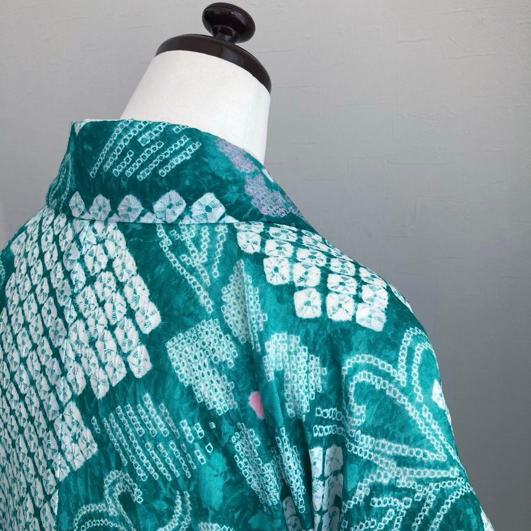 専用なまやつはし様　有松絞り浴衣　蜘蛛絞り　グリーン　花繋ぎ　手縫No.7-12