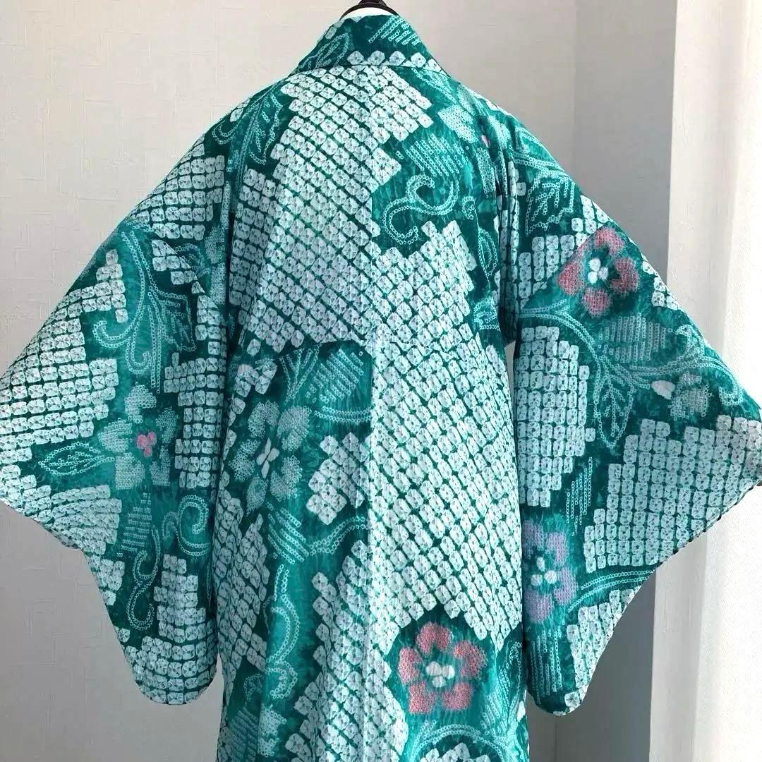 専用なまやつはし様　有松絞り浴衣　蜘蛛絞り　グリーン　花繋ぎ　手縫No.7-12