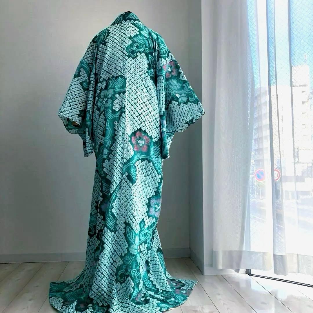 専用なまやつはし様　有松絞り浴衣　蜘蛛絞り　グリーン　花繋ぎ　手縫No.7-12