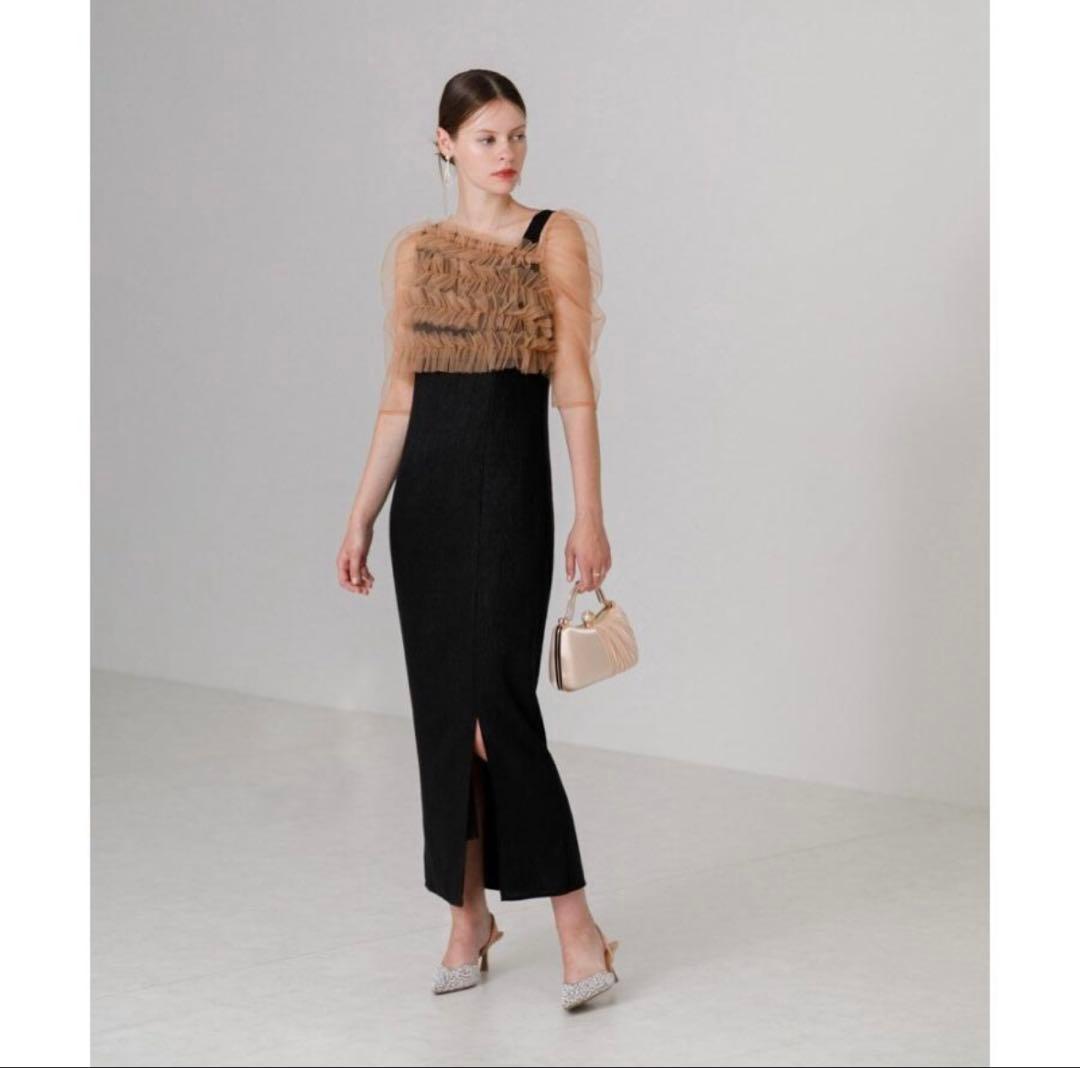 【LEJA】チュールアシンメトリーティアードフリルIラインドレスワンピース　M