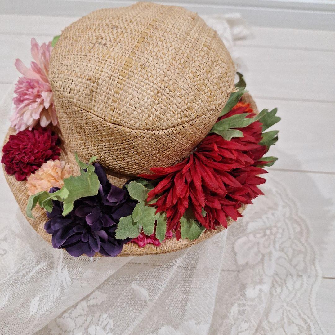ジェーンマープル　フラワーストローハット　カラフルな花飾り付き麦わら帽子