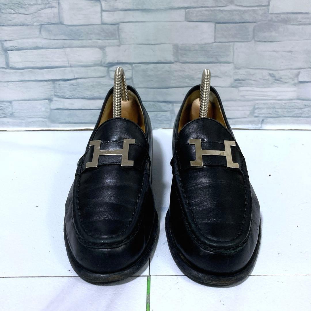 高級 HERMES エルメス モカシンパリ ローファー 黒 シルバー 23.5