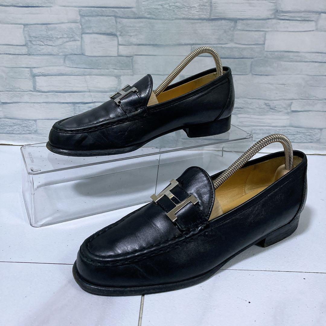 高級 HERMES エルメス モカシンパリ ローファー 黒 シルバー 23.5