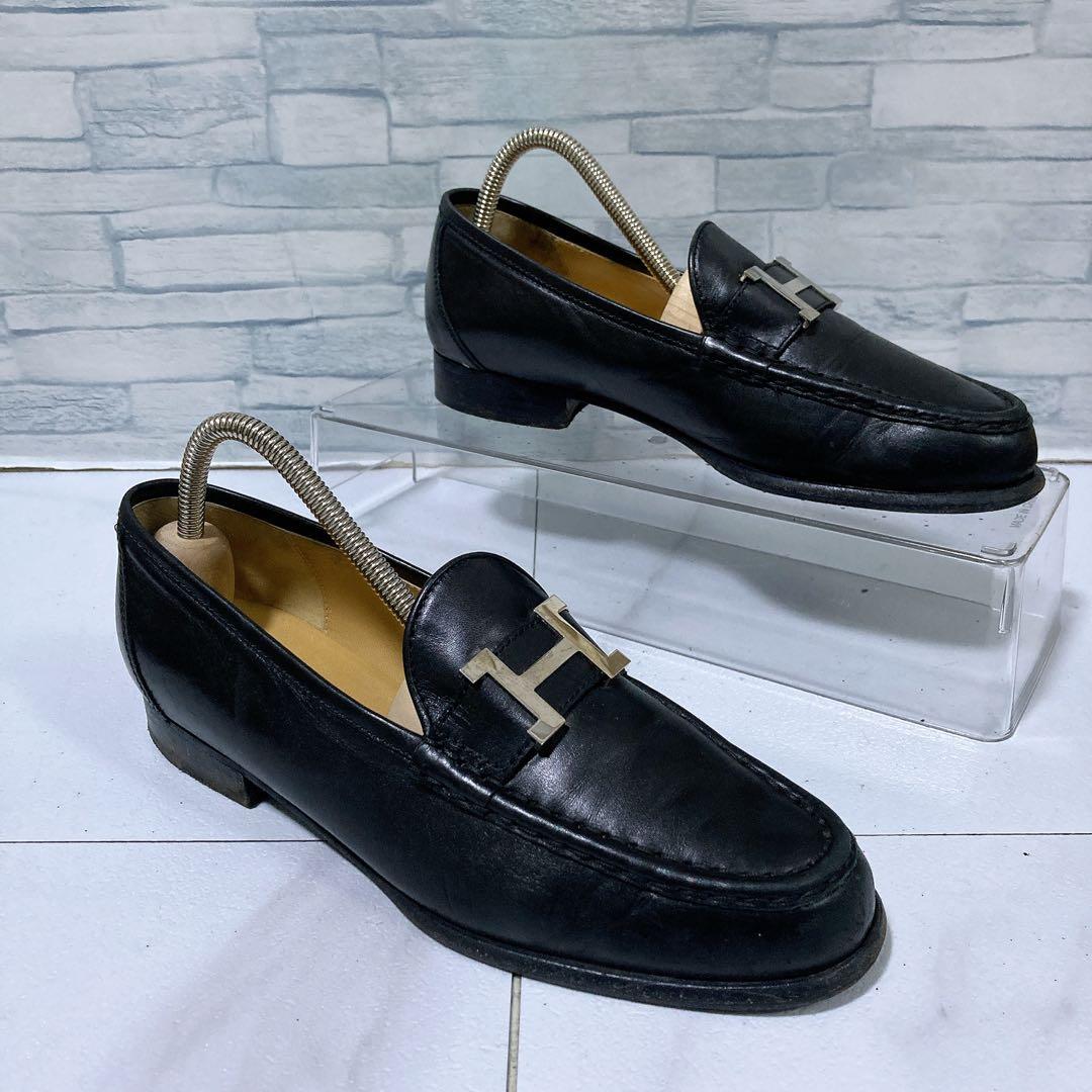 高級 HERMES エルメス モカシンパリ ローファー 黒 シルバー 23.5