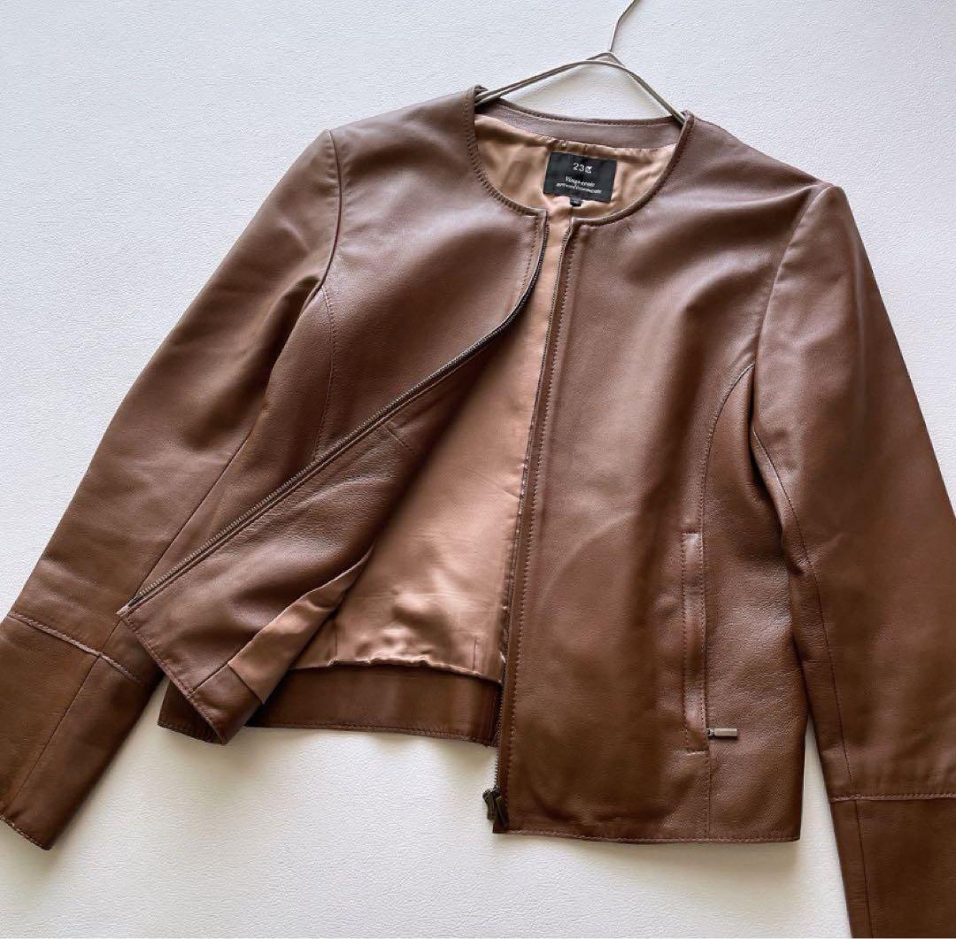 【美品】23区 レザージャケット シープレザー ノーカラージャケット 羊革 40