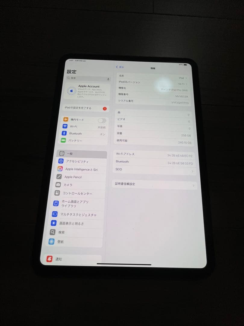 ipad pro 11inch M4 256GB WIFIモデル 美品　完動品