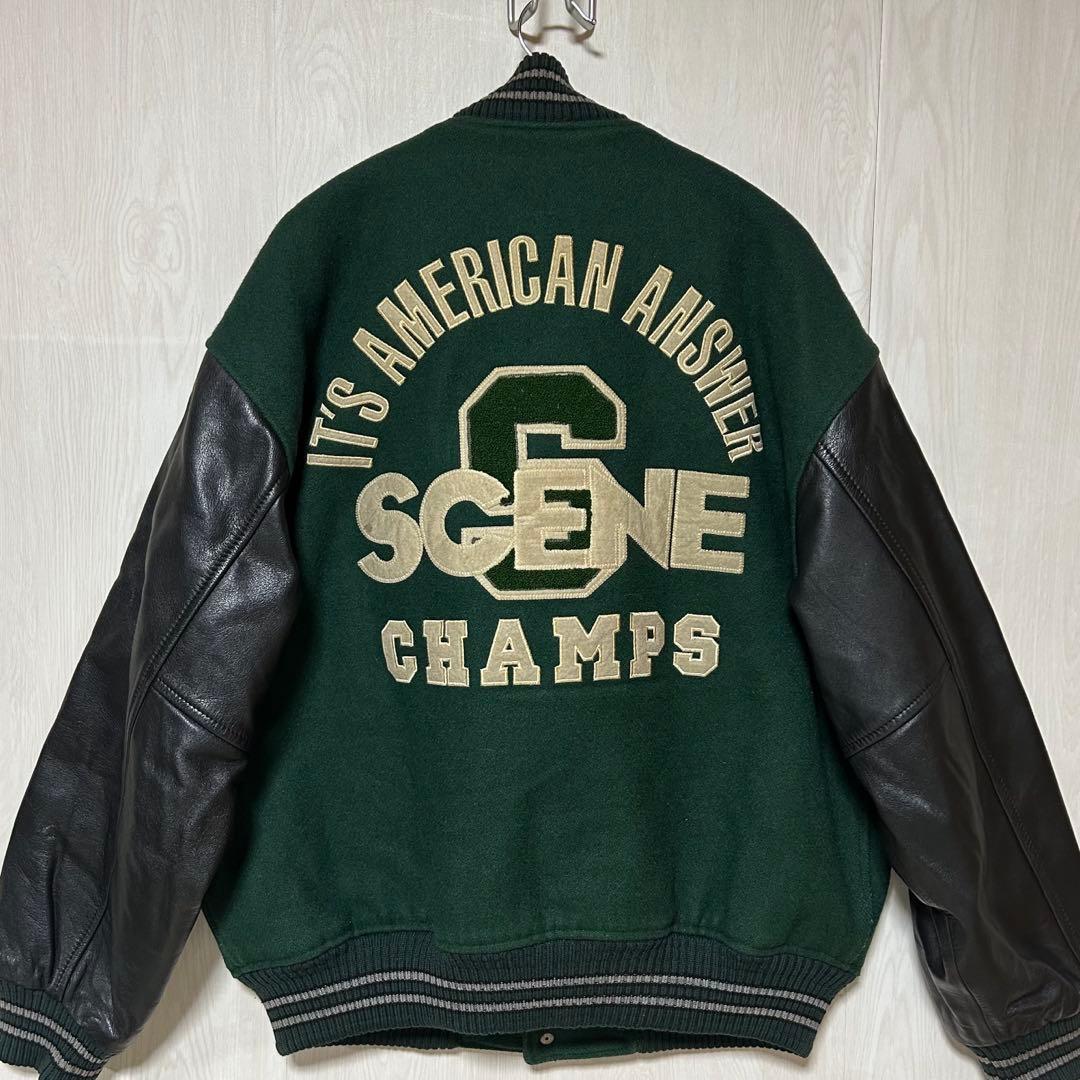 レア SCENE by VAN JAC バックロゴ 牛革 袖 スタジャン 緑 L