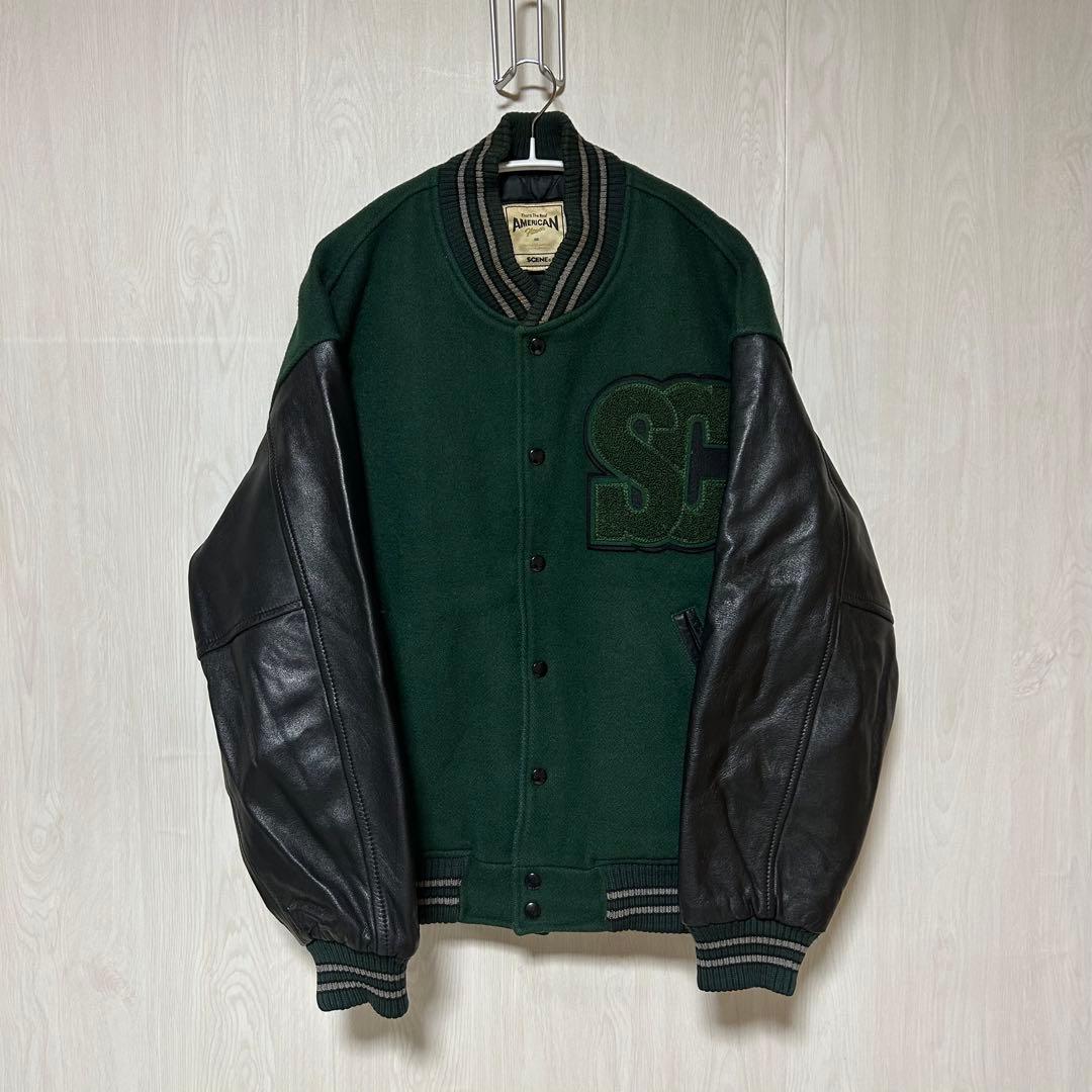 レア SCENE by VAN JAC バックロゴ 牛革 袖 スタジャン 緑 L
