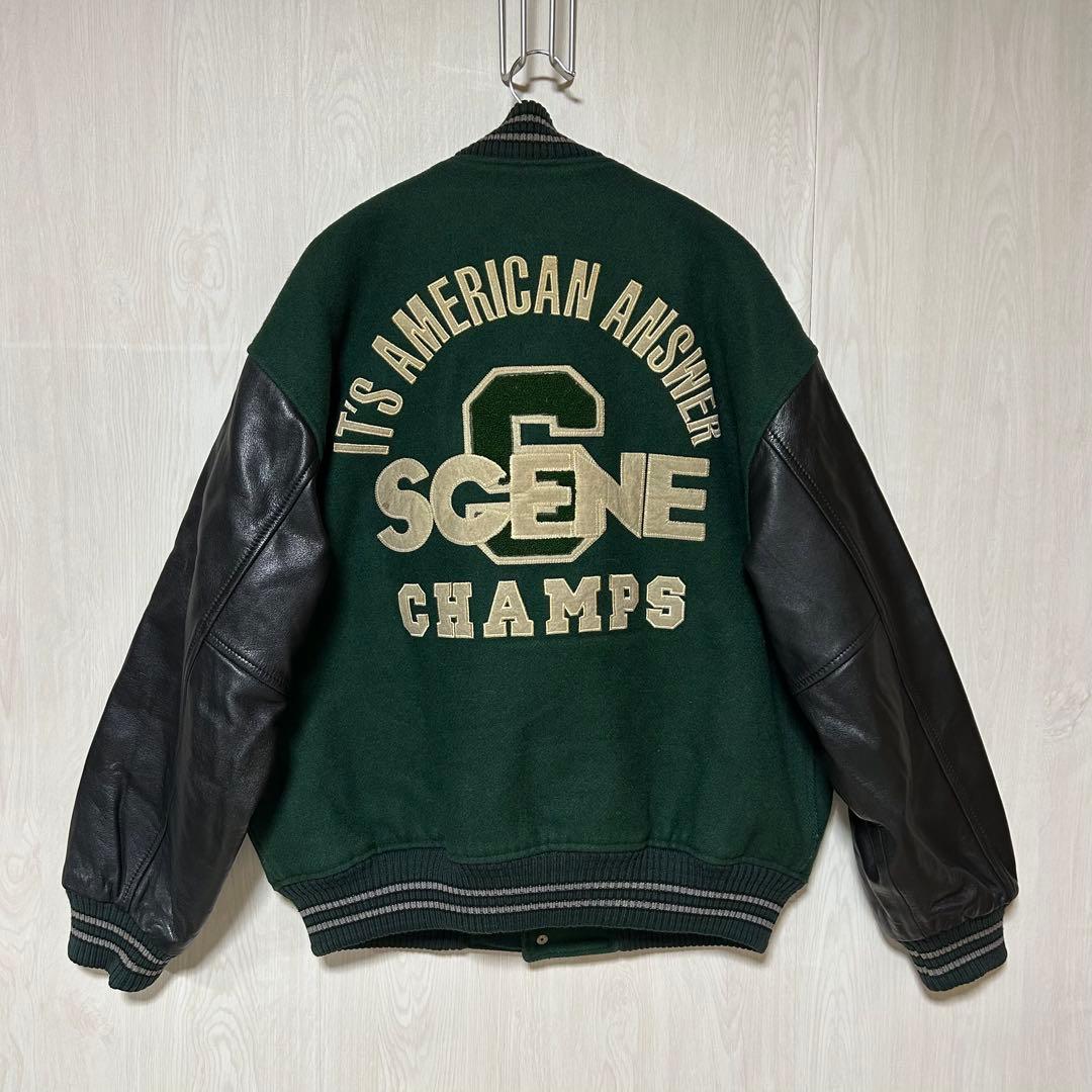 レア SCENE by VAN JAC バックロゴ 牛革 袖 スタジャン 緑 L