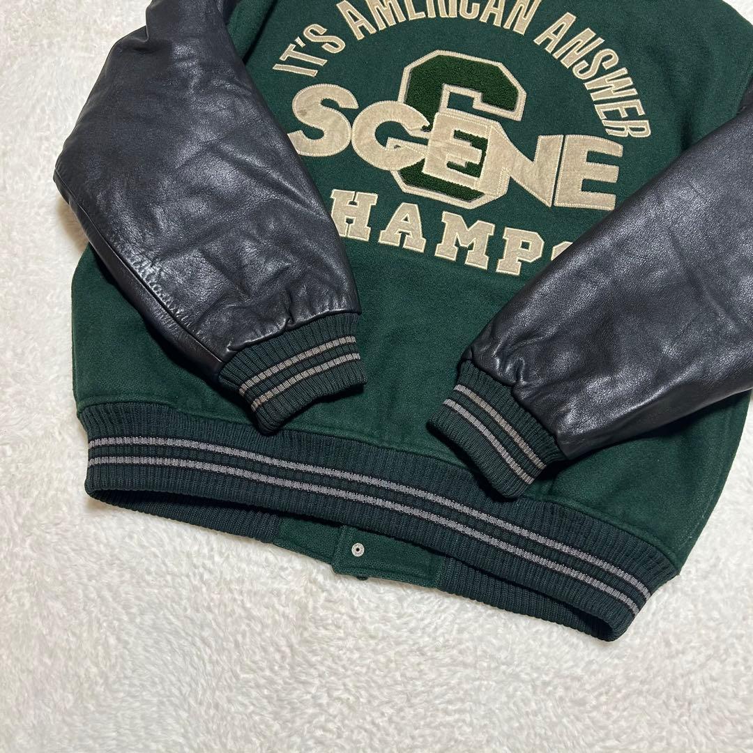 レア SCENE by VAN JAC バックロゴ 牛革 袖 スタジャン 緑 L
