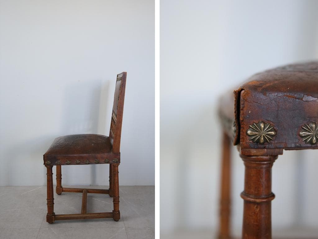 フランスアンティーク木製アンリ2世様式ダイニングチェア/レザー(90-64-2)