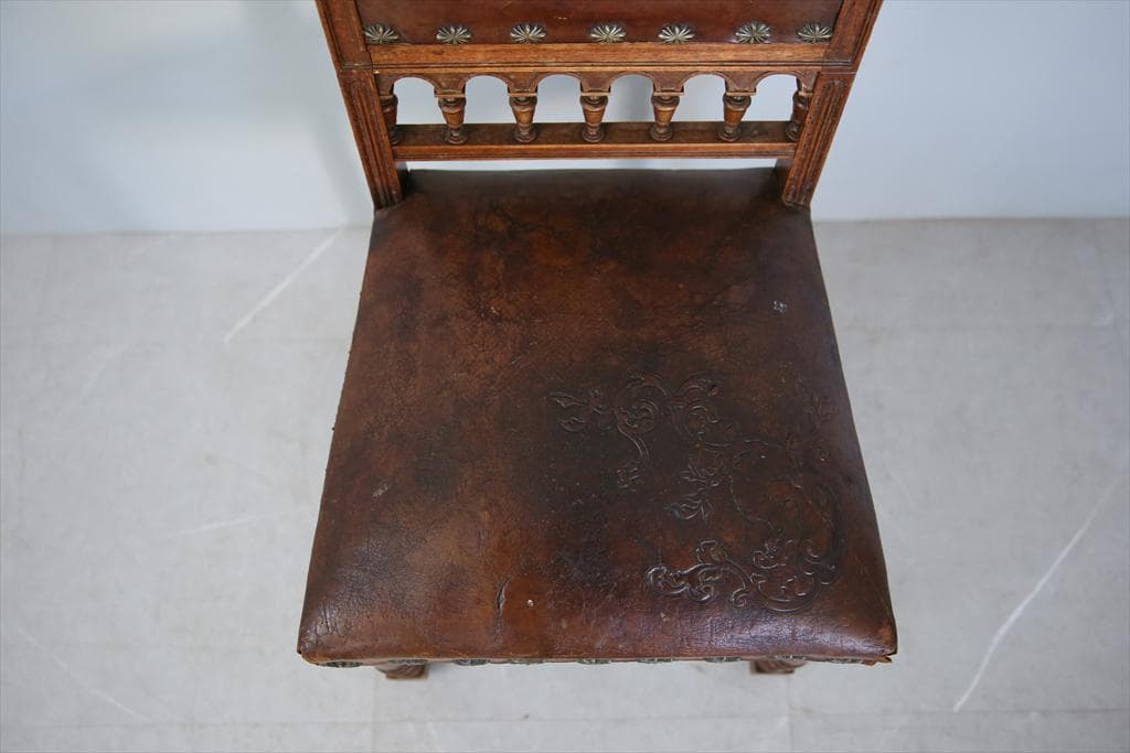 フランスアンティーク木製アンリ2世様式ダイニングチェア/レザー(90-64-2)