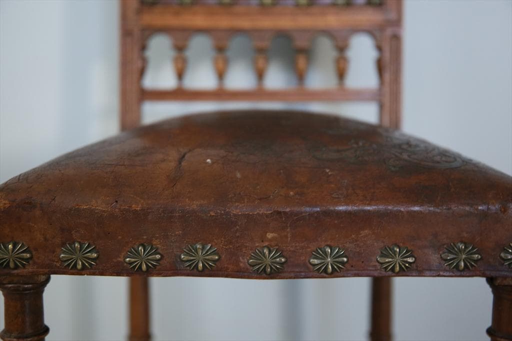 フランスアンティーク木製アンリ2世様式ダイニングチェア/レザー(90-64-2)