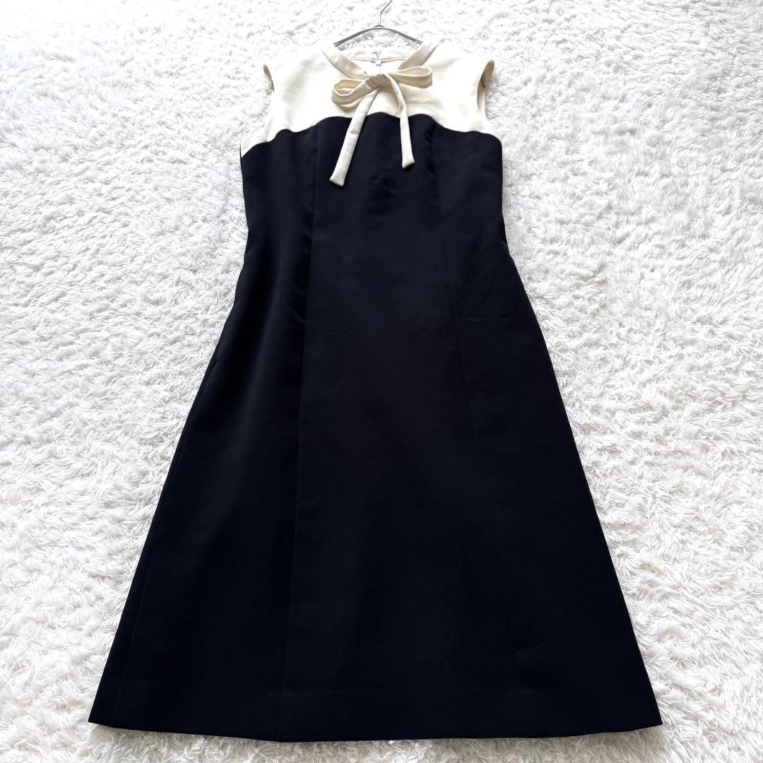美品✨ルネ バイカラー ノースリーブ ボウタイ ワンピース フレア 白 黒 34