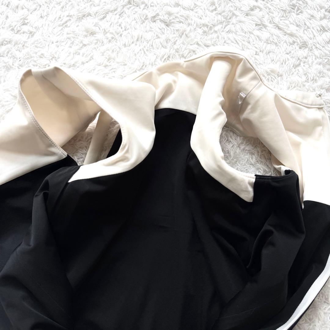 美品✨ルネ バイカラー ノースリーブ ボウタイ ワンピース フレア 白 黒 34