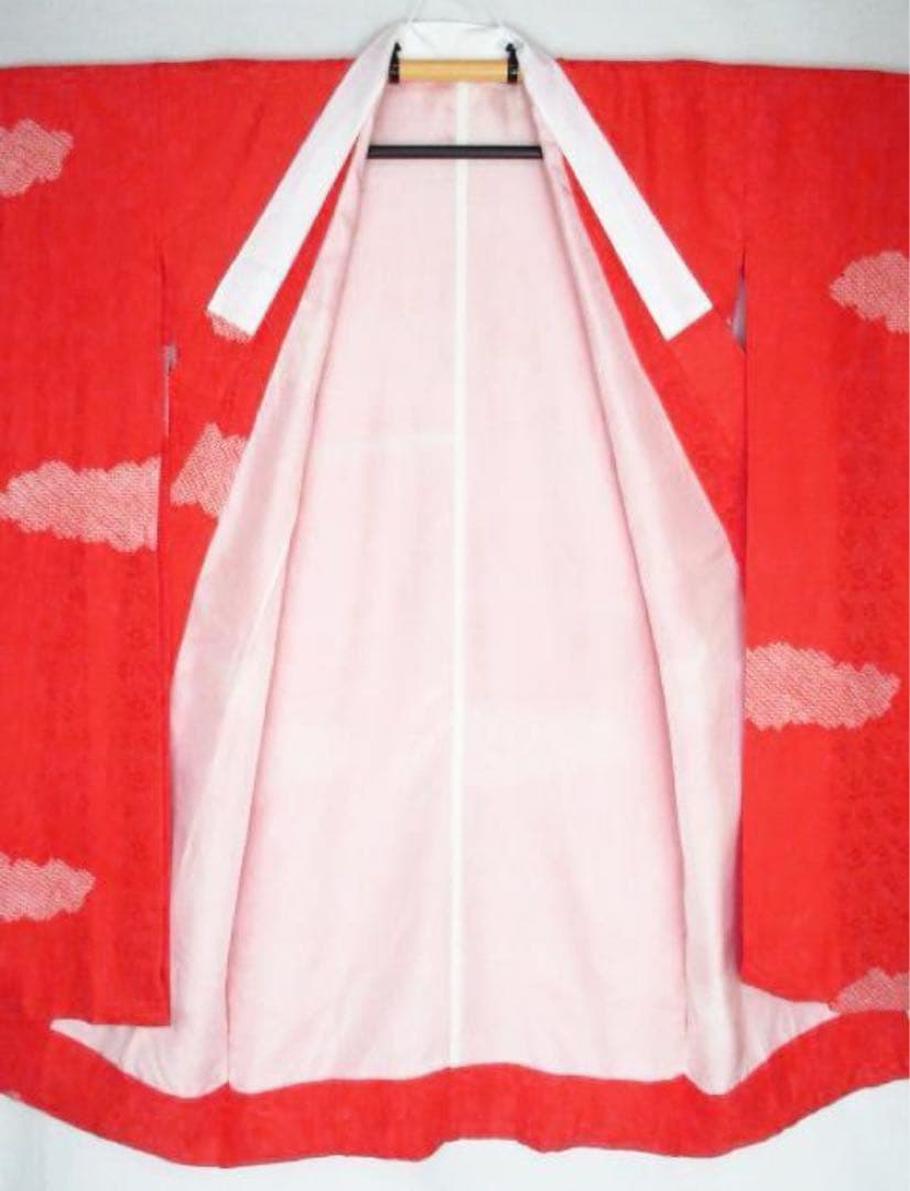 【振袖用長襦袢】美品 絞り 朱赤 袷 トールサイズ １３６ｃｍ＊裄６８