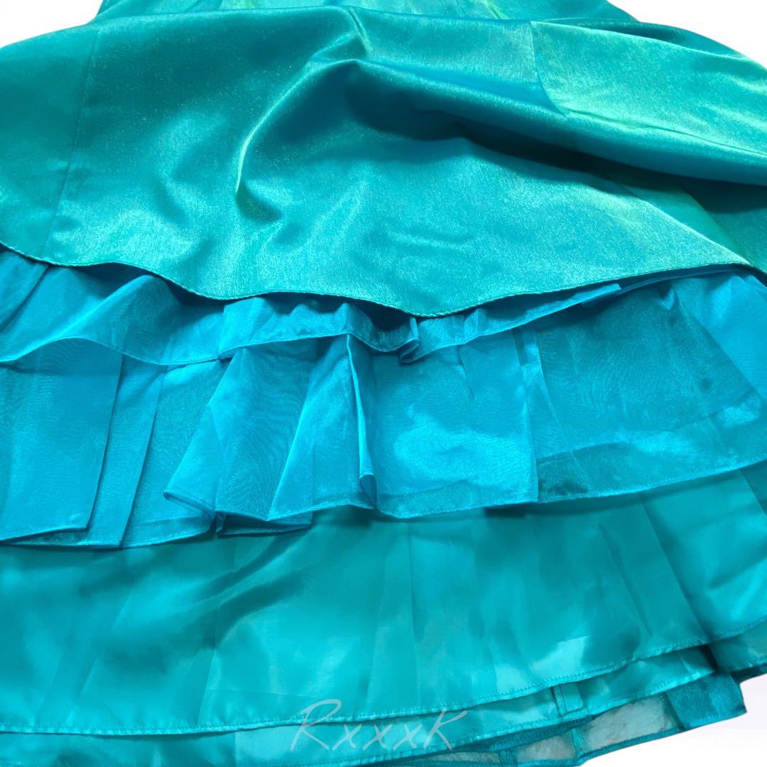 ジュネビビアン 高級 ロングドレス 演奏会 アシンメトリー 光沢 ブルーグリーン