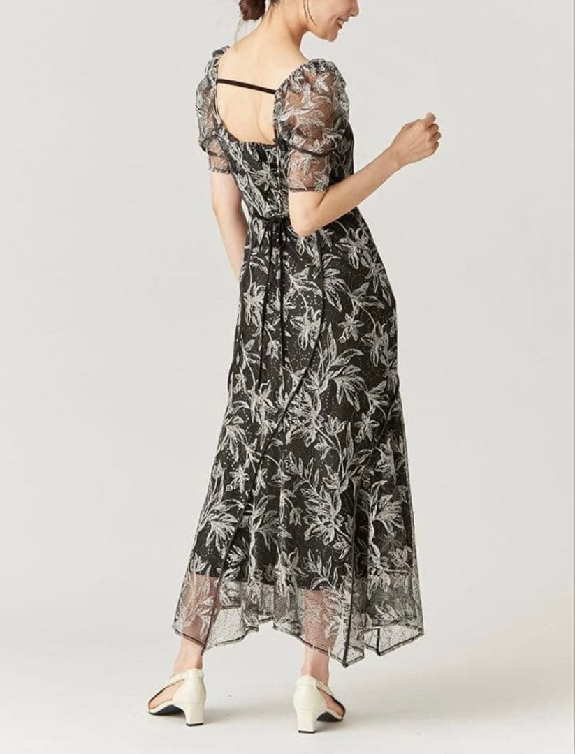 【美品】フラワー刺繍パフスリーブマキシドレス