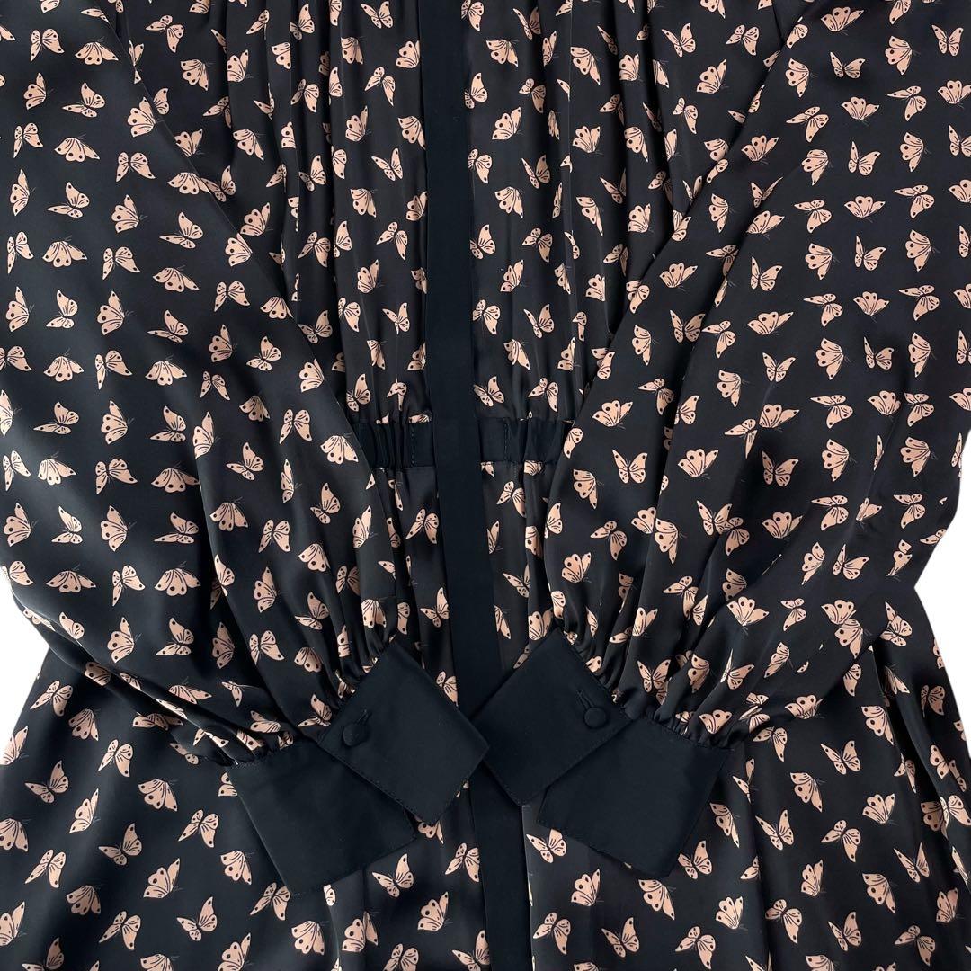 美品 パピヨンプリントバンドカラーワンピース 蝶バタフライ 38