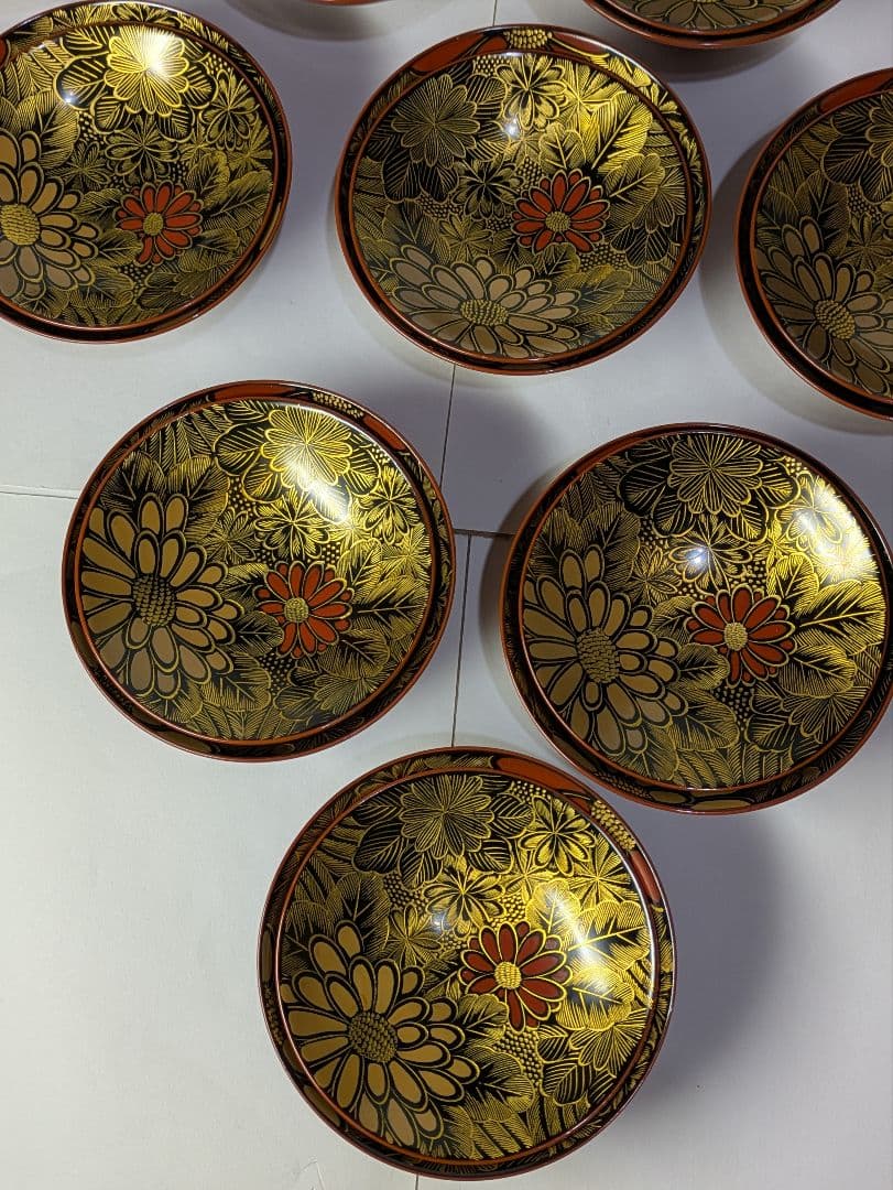 リケさん専用輪島塗、蒔絵金彩細工、沈金菊模様、木製、蓋付椀、吸物椀、10客、箱付