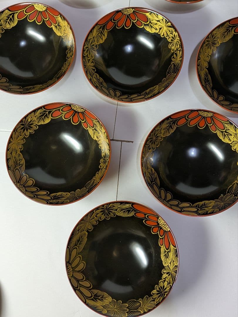リケさん専用輪島塗、蒔絵金彩細工、沈金菊模様、木製、蓋付椀、吸物椀、10客、箱付