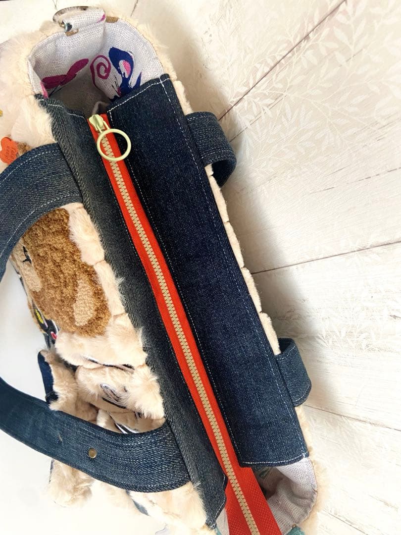 デニムリメイクバック　ポップコーンふわもこ　ワッペンくま