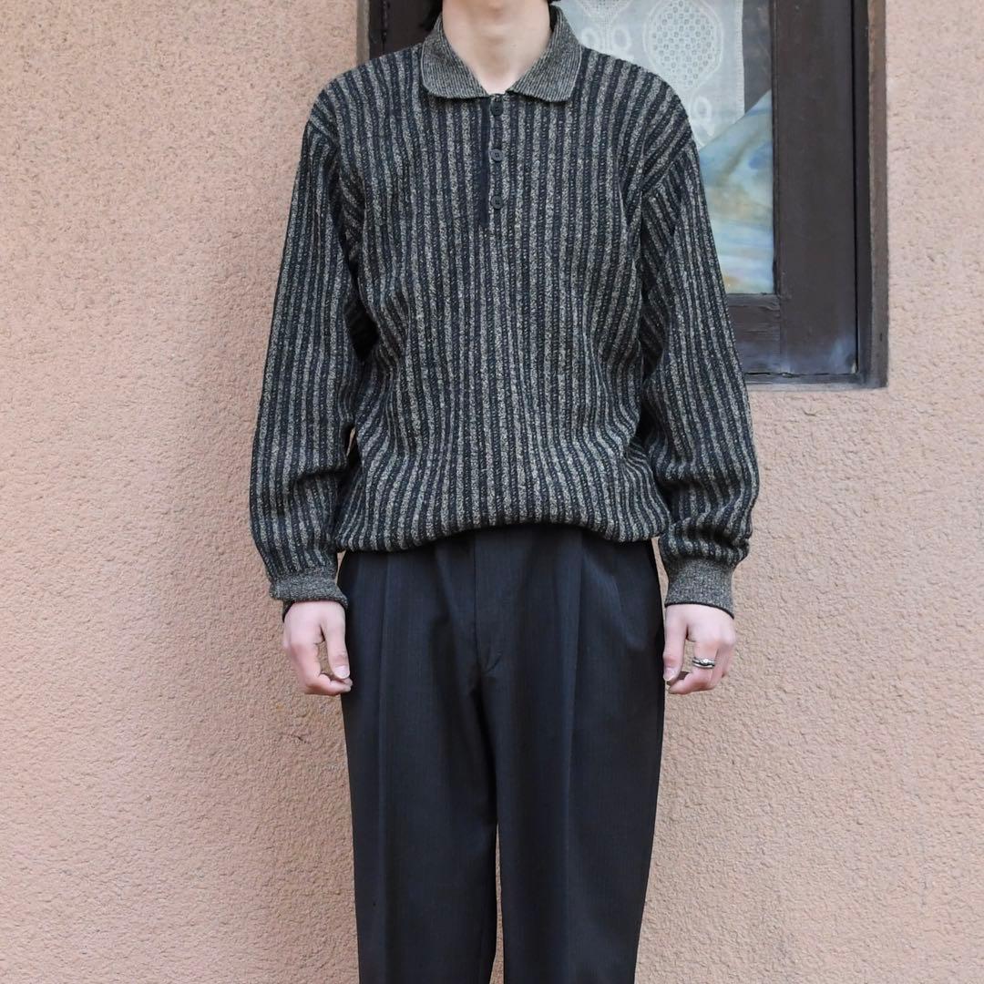 古着 ストライプ ニットポロ ニット セーター デザインニット チャコールグレー