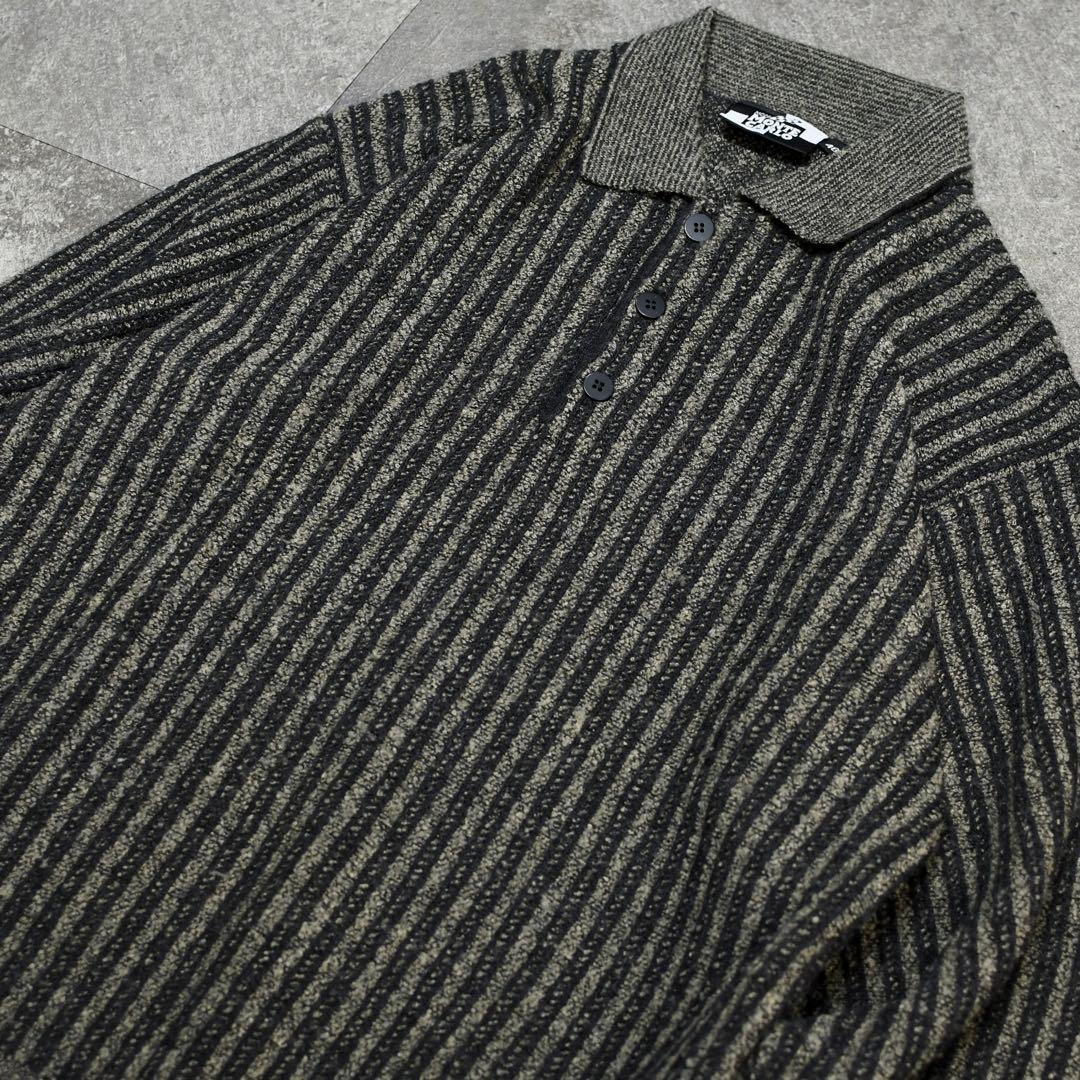 古着 ストライプ ニットポロ ニット セーター デザインニット チャコールグレー