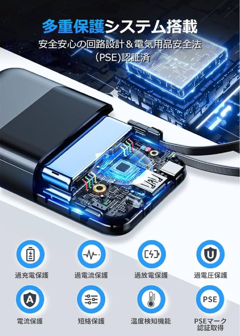 【大容量22000mAh・ケーブル内蔵モデル】モバイルバッテリー 大容量 急速充